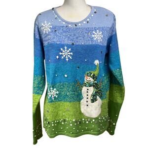 Timber Lea snowman sweater, blue/white, vintage, winter, holiday, whimsical